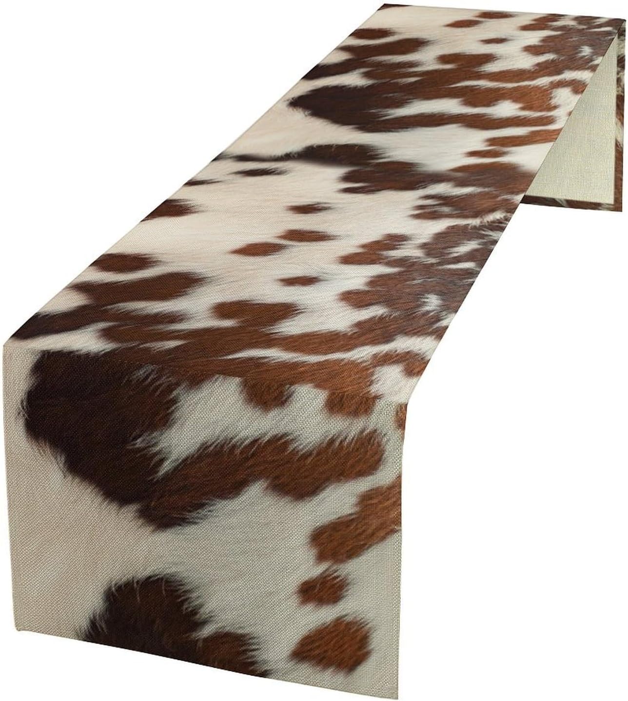 Farmhouse Cow Skin Print Table Runner, Safari Wildlife Brown Country Farm Cowhide Pattern Cotton Linen Rustic Cottage Table Runner for Dinning Home Party Holidays Home Setting, 13x60 Inch