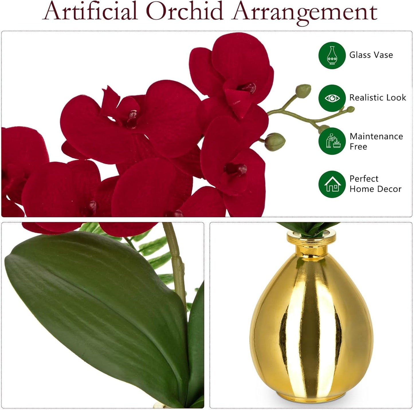 Red Orchids Artificial Flowers, Faux Orchid in Glass Vase Real Touch Small Phalaenopsis Orchid Flowers Arrangements with Gold Vase Orchids Centerpiece for Dining Room Table