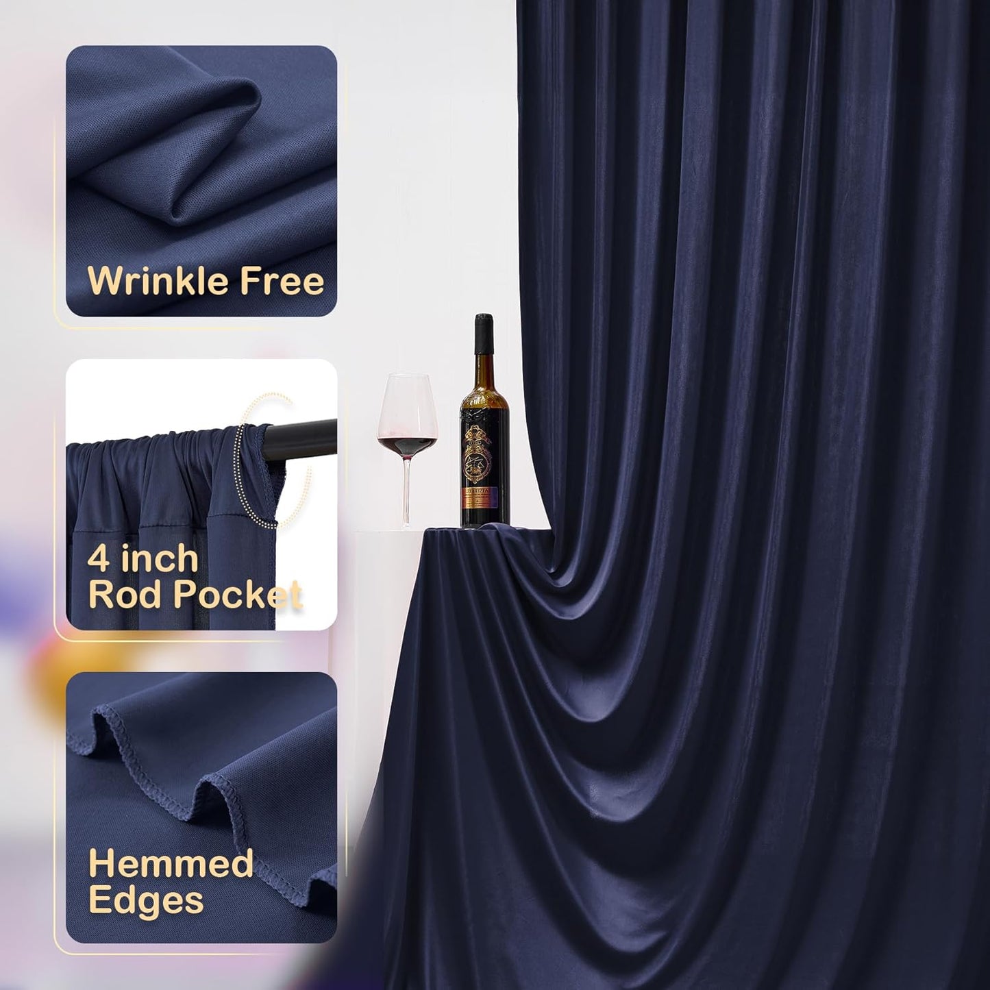 10x10ft Wrinkle Free Navy Blue Backdrop Curtains for Party Background, Silky Polyester Blue Photo Backdrop Drapes 2 Panels 5x10ft Back Drop Cloth for Wedding Birthday Photography Baby Shower Decor