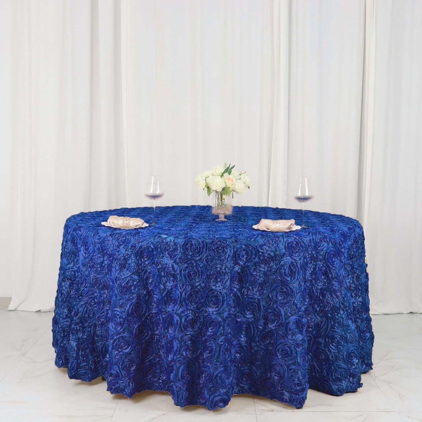 Efavormart 120" Wholesale Round Table Cover Royal Blue Grandiose Rosette 3D Satin Tablecloth for Wedding Party Event Decoration