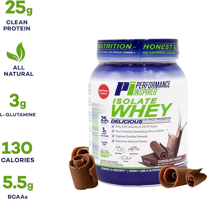 Performance Inspired Nutrition Isolate Whey Protein Powder – 25G Fast-Absorbing Protein – BCAAs & Added L-Glutamine – Clean & All-Natural – Chocolate Passion – 2 Pounds