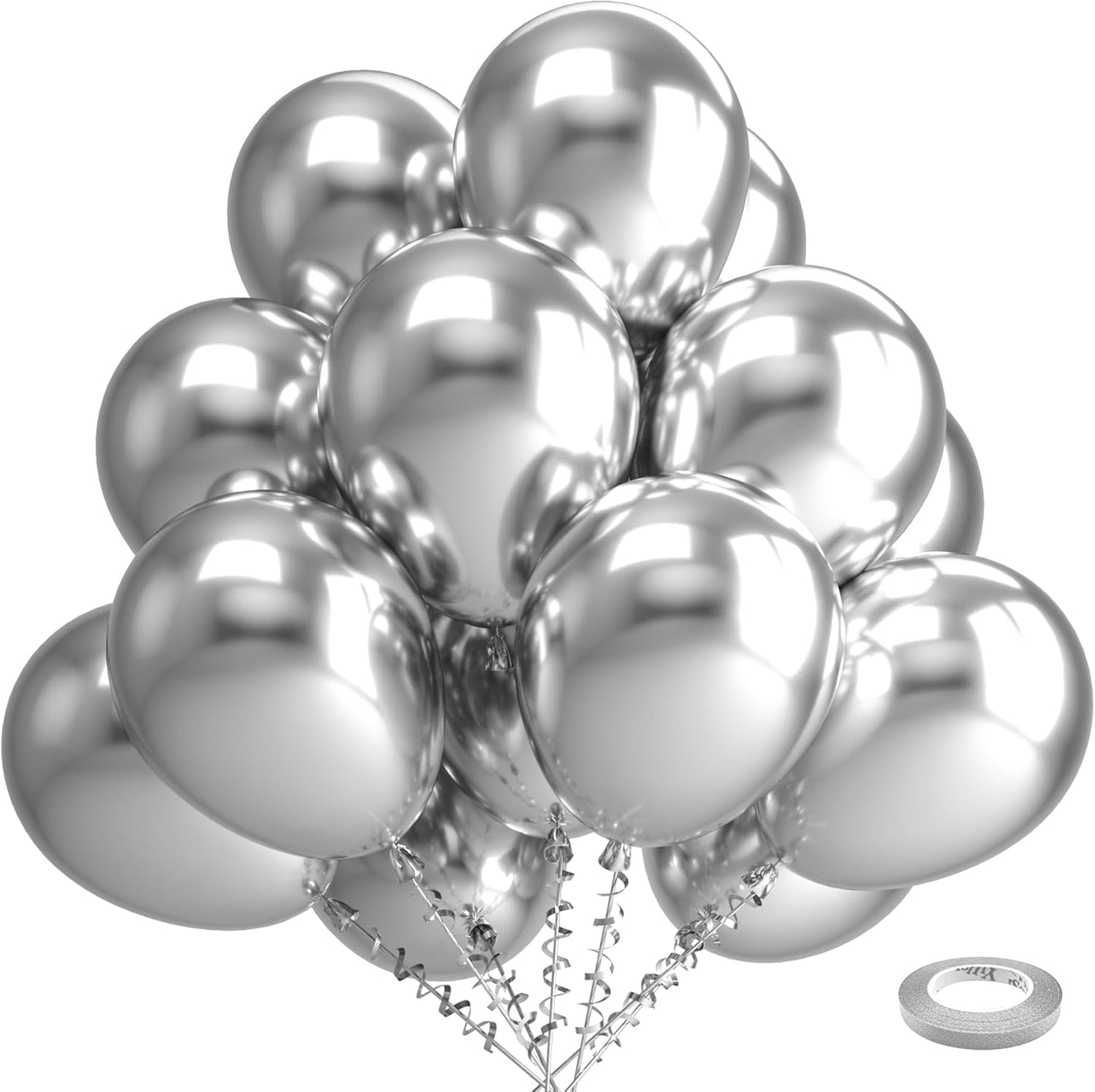 Bezente Silver Metallic Chrome Latex Balloons, 100 Pack 12 inch Silver Round Helium Balloons for Wedding Graduation Anniversary Bridal Shower Birthday Bachelorette Party Decorations