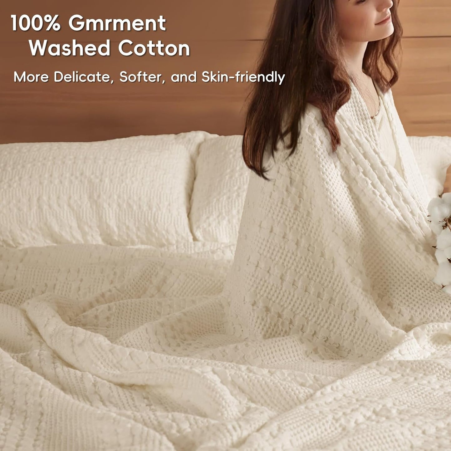PHF 100% Cotton Waffle Weave Blanket Twin Size for Bed, Soft Lightweight & Breathable, All-Season Comfort, Luxury Aesthetic Woven Bedding for Home Decor, 66"x90", Undyed