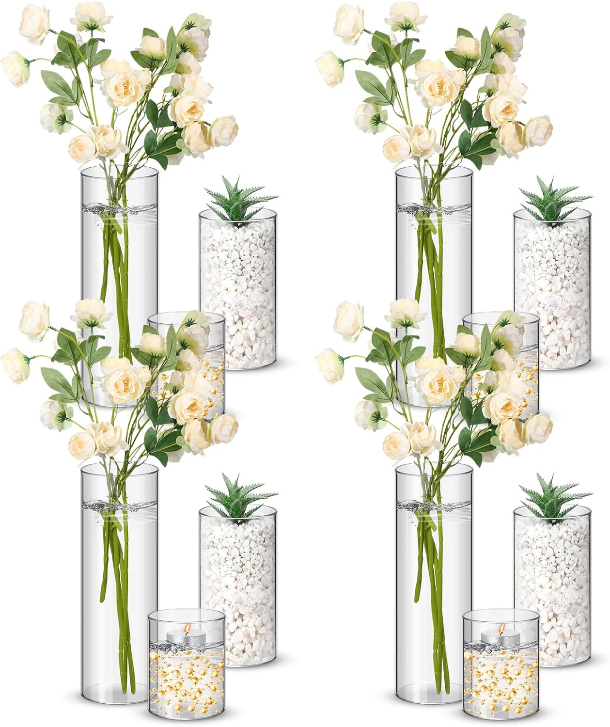 Nuogo 12 Pcs Plastic Cylinder Vases Tall Clear Flower Vases for Centerpieces Hurricane Candle Holder for Home Wedding Office Party Formal Dinners Decorations (4''/6''/8'')