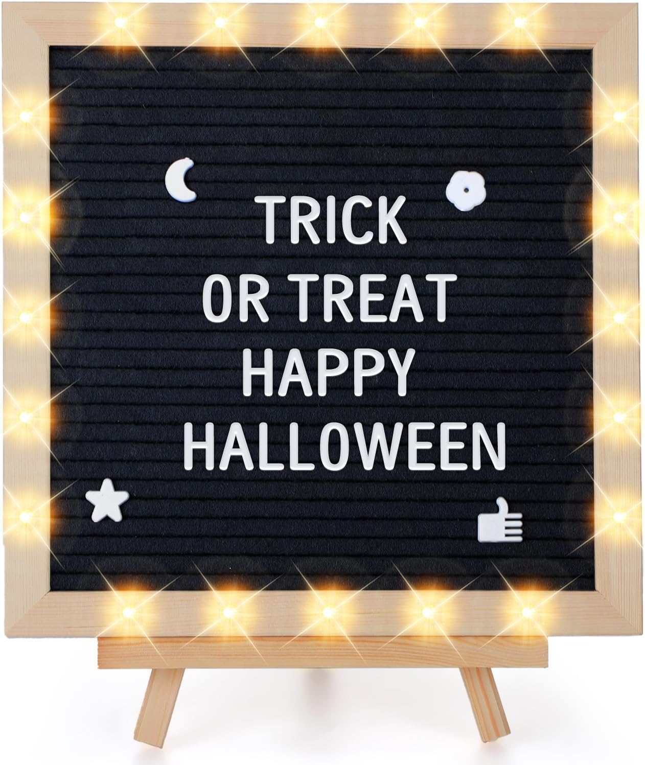 Light up Changeable Felt Letter Board Sign with LED Lights - 10×10" Message Board & Wood Stand & 450 Letters, for Halloween/Birthday/Event/Pregnancy/Baby Announcement/Home Wall Decor Gifts, Black