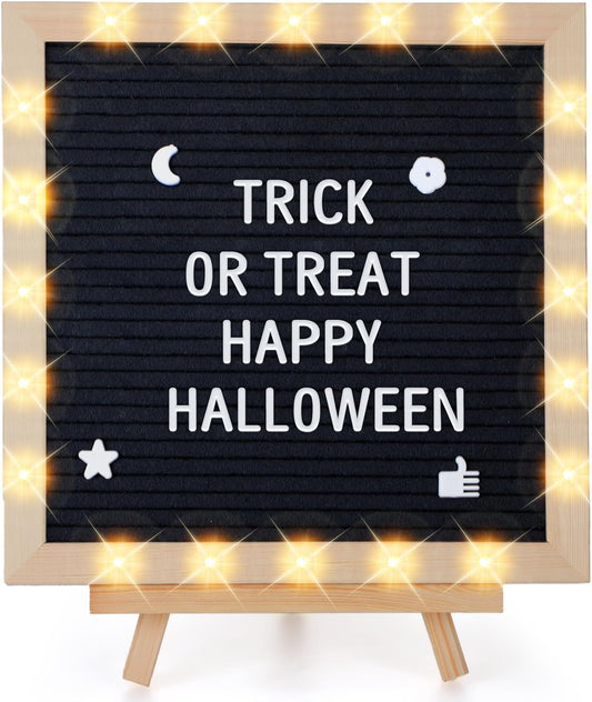 Light up Changeable Felt Letter Board Sign with LED Lights - 10×10" Message Board & Wood Stand & 450 Letters, for Halloween/Birthday/Event/Pregnancy/Baby Announcement/Home Wall Decor Gifts, Black