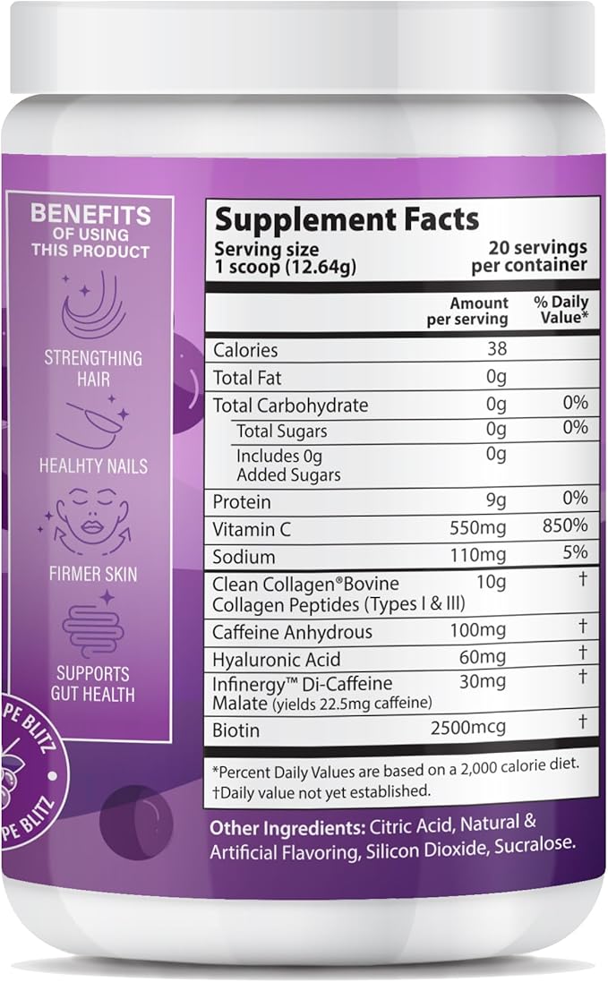 Peptide Energy Collagen Powder Hair, Nail, Skin, Type I & III,Caffeine for Energy, Vitamin C, Biotin, Hyaluronic Acid, Zero Sugar – 8.92 oz (Bubble Grape Blitz)