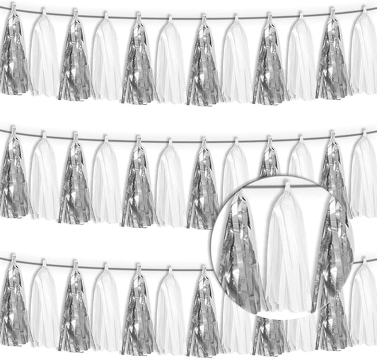 3P White Silver Metallic Fringe Tassel Banner Garland Foil Tinsel Streamer Wall Hanging Curtain Backdrop Banner for Parade Floats, Graduation Bridal/Baby Shower Retirement Party Decorations