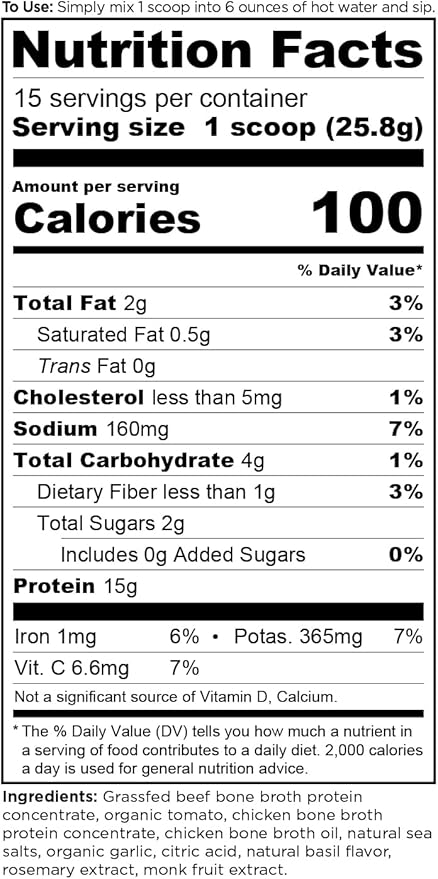 Ancient Nutrition Bone Broth Protein Powder, Tomato Basil, Grass-Fed Chicken and Beef Bone Broth Powder, 15g Protein Per Serving, Supports a Healthy Gut, 15 Servings