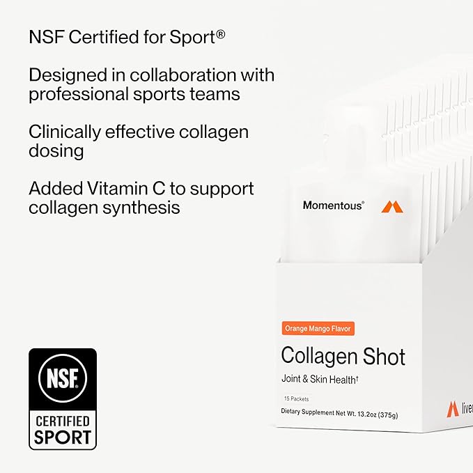 Momentous Collagen Shot Supplement - Hydrolyzed Bovine Collagen & Vitamin C to Help Support Joint, Bone, & Connective Tissue Health - NSF Certified for Sport - Mango Orange - 25g/Serving - 15 Servings