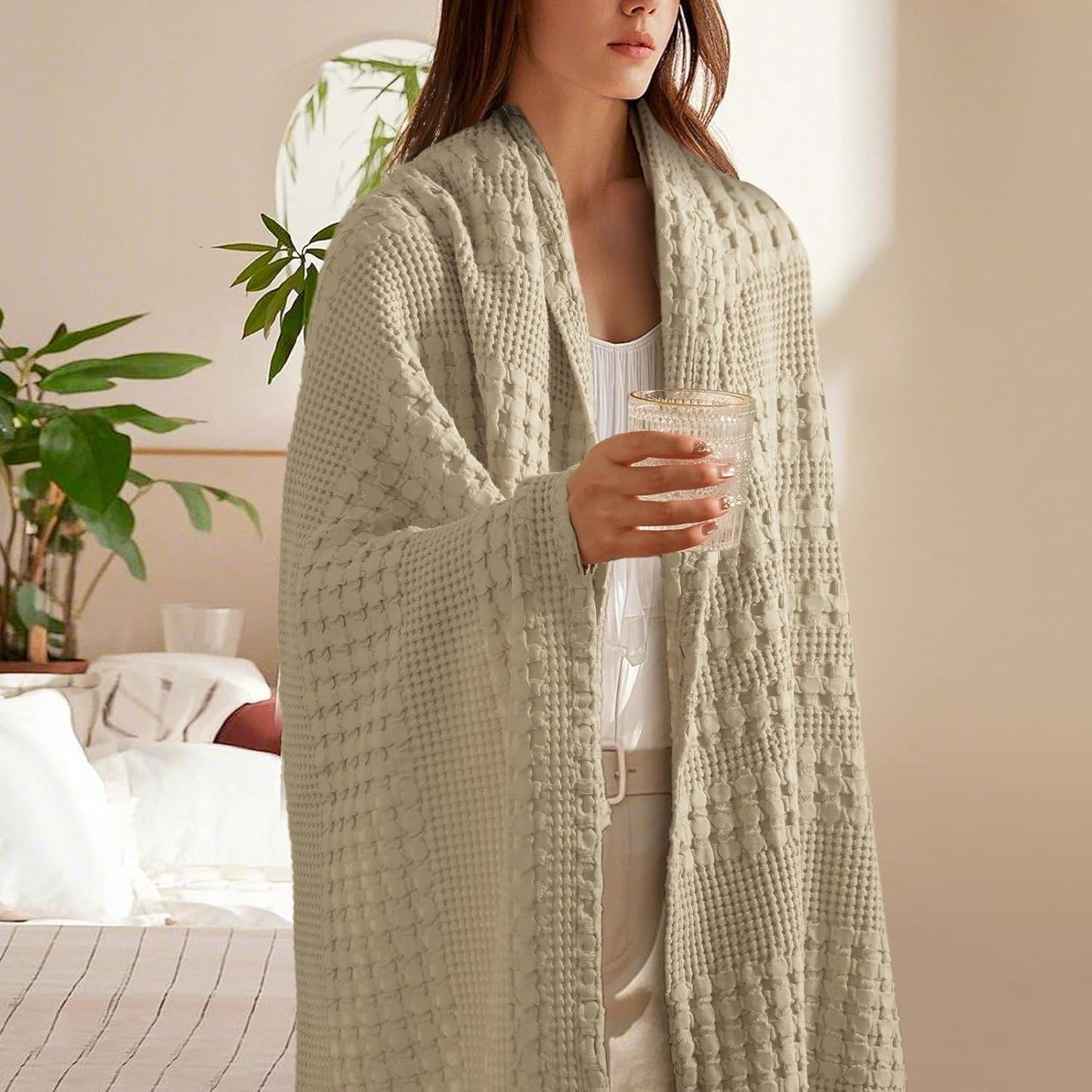PHF 100% Cotton Waffle Weave Throw Blanket, Soft Lightweight Breathable Cozy Throws for Couch Bed Sofa, Luxury Aesthetic Woven Blanket for Home Decor & Office, 50"x60", Khaki