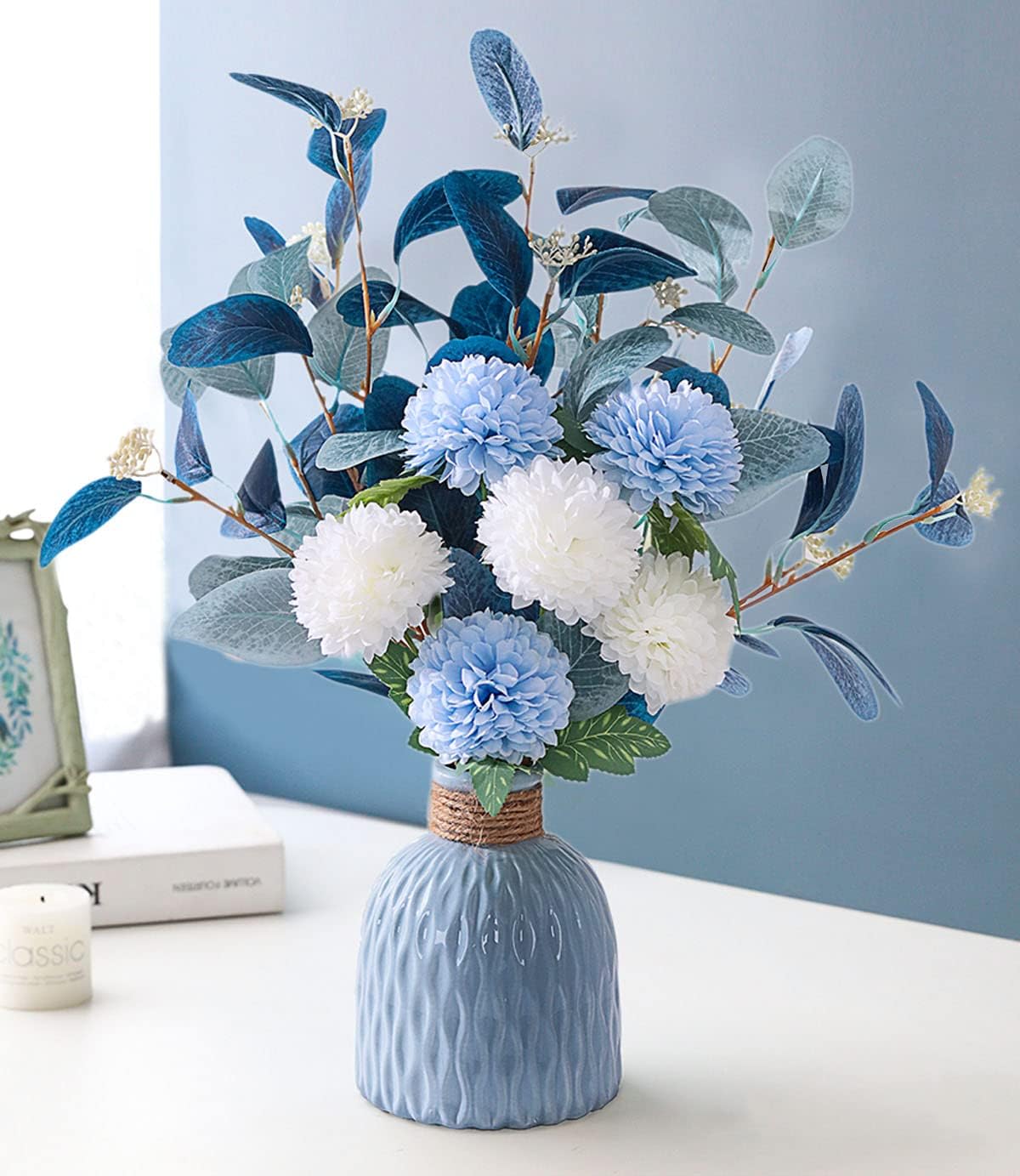 Artificial Flowers with vases, Fake Hydrangea with Eucalyptus Bouquet Combination, Living Room Family Banquet Party Wedding Decoration…