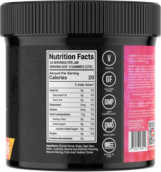 Bounce Pro Creatine Monohydrate Gummies for Men & Women, Low Calorie, 6G of Creatine per Serving, Vegan, Anti-Melting, Gluten-Free, Non-GMO, 2g of Creatine per Gummy (72ct, Peach Rings)