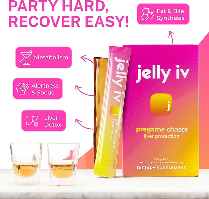 Fast Morning Relief Supplement Stick by Jelly IV - Natural Electrolytes & Liver Support Recovery - Nausea Reducing DHM - B Vitamins - Plant-Based Flavored Jelly Sticks - 15 Pack