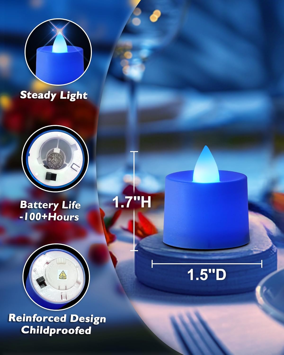 Amagic 24 Pack Blue LED Tea Lights, Flameless Votive Candles, Electric Fake Colored Candles, Battery Operated Tealights Candles for Halloween, Christmas, Home Decor, Wedding Table Centerpiece, Party