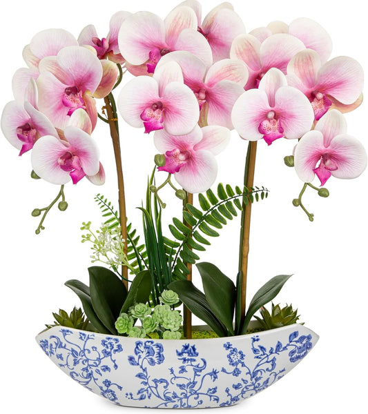 Briful Orchid Artificial Flowers 18in Pink Fake Orchid Silk Flowers with Blue and White Ceramic Pot Faux Phalaenopsis Arrangement for Home Office Room Dining Table Centerpiece Modern Decor
