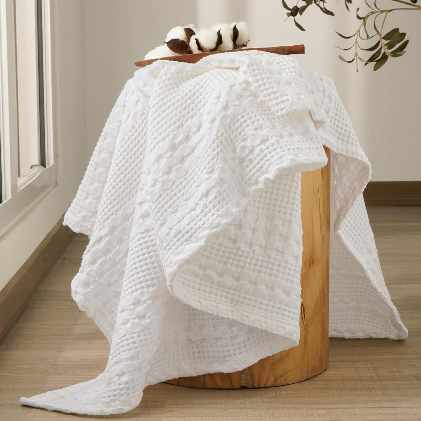 PHF 100% Cotton Waffle Weave Throw Blanket, Soft Lightweight Breathable Cozy Throws for Couch Bed Sofa, Luxury Aesthetic Woven Blanket for Home Decor & Office, 50"x60", White