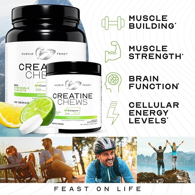 Muscle Feast Creatine Monohydrate Chewables - Vegan & Gluten-Free Creapure Creatine Chews for Men & Women - Delicious Citrus-Flavored Creatine Tablets for Muscle Building - Lemon Lime, 360 Tabs