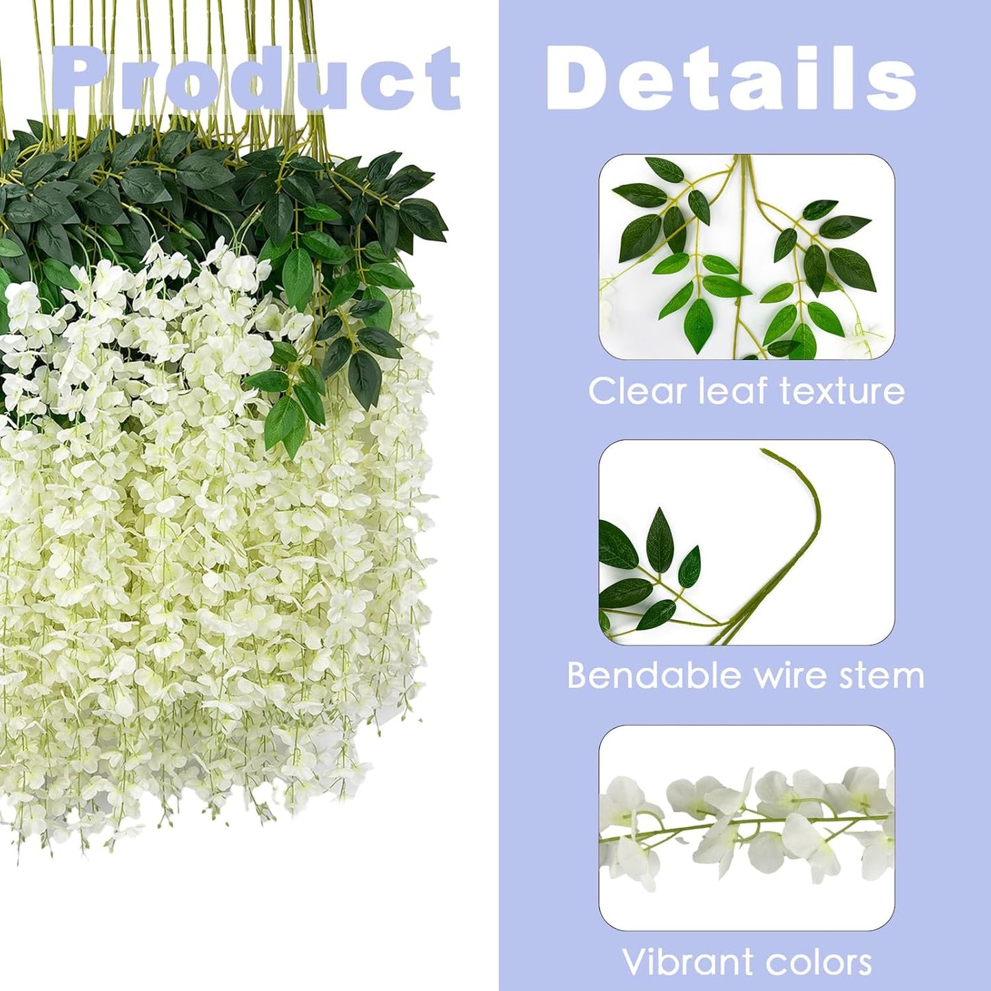 48 Pcs of Wisteria Hanging Flowers, 3.75 Ft Fake Flower Strings, Artificial Wisteria Flowers Hanging Garland for Backdrop, Wedding, Ceremony, Garden and Home Wall Decoration(White)