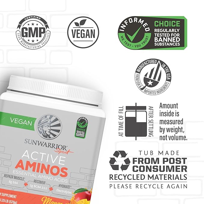 Sunwarrior Amino Acids Amino Energy Powder Essential Amino Acids EAA & BCAA | Muscle Repair Hydration & Recovery | Promote Wellness Strength & Endurance | Mango Flavor | 30 Servings | Active Aminos