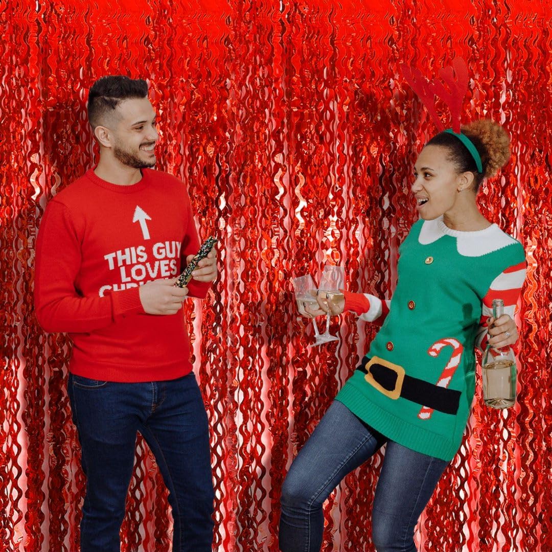 Red Streamers Wave Foil Fringe Backdrop Curtains Red Party Decorations for Graduation 2025, Birthday, Cherry Themed Party, Valentines Day, 4th of July, Anniversary Celebration, Christmas, Wedding