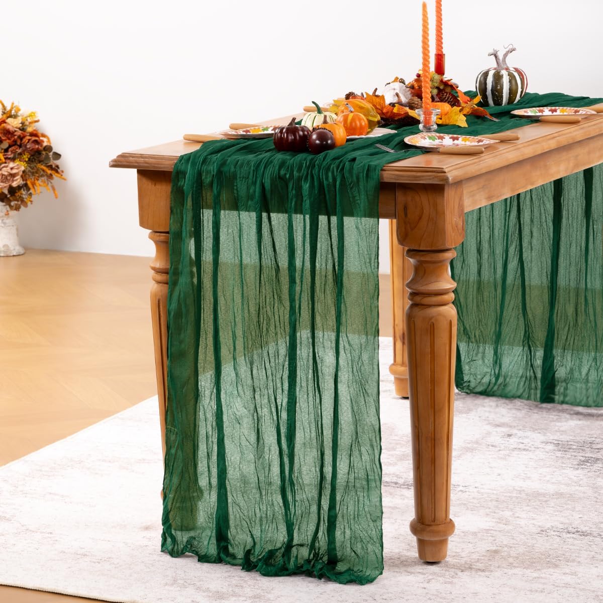 Emerald Green Cheesecloth Table Runner 10 Pack Fall Table Runners Boho Gauze 120 Inches Green Cheese Cloth Fall Table Decorations for Thanksgiving Wedding Bridal Baby Shower Tea Party