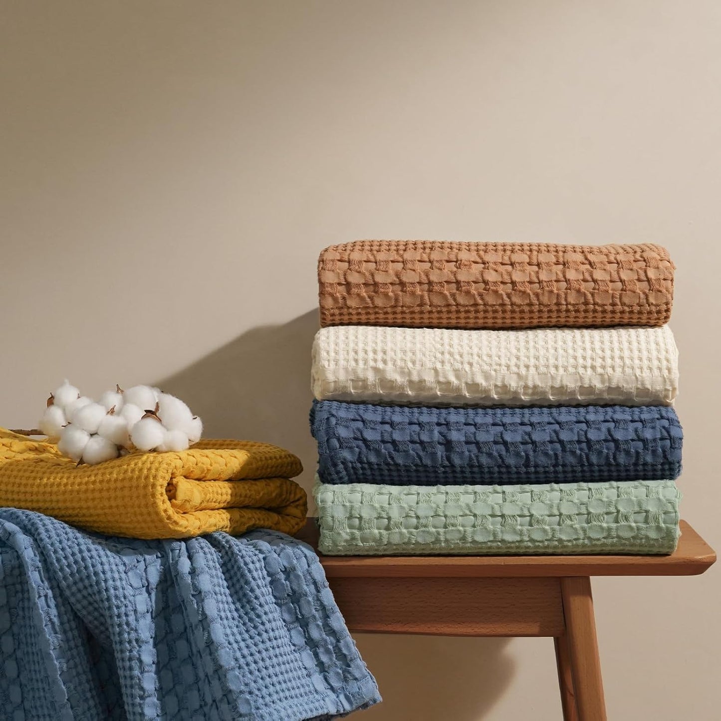 PHF 100% Cotton Waffle Weave Blanket Queen Size for Bed, Soft Lightweight & Breathable, All-Season Comfort, Luxury Aesthetic Woven Bedding for Home Decor, 90"x90", Sage Green