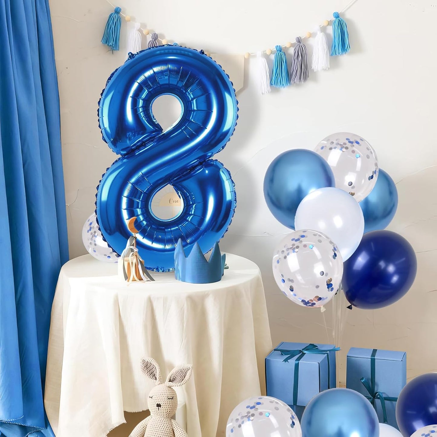 Giant Number Foil Balloon 8, Dark Blue Self Inflating 8th Birthday Balloon for Boys, 40'' 8 Balloon Light Navy Blue with Metallic Blue Silver Confetti Balloon for Anniversary Party Decoration Supplies