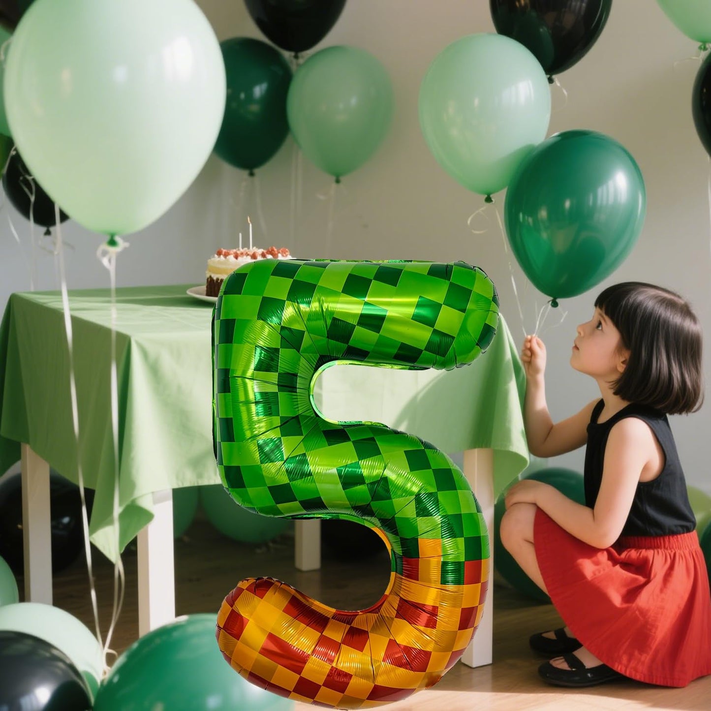 Pixel & TNT Theme 40in Giant Number Balloons - Foil Mylar Birthday Party Decorations for Kids Adults Cumpleaños, Block Style Pixel Art Shape Balloon Decor Supplies (Pixel, Number 5)