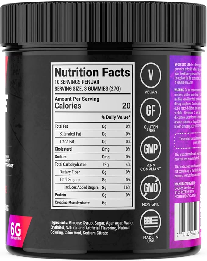 Bounce Pro Creatine Monohydrate Gummies for Men & Women, Low Calorie, 6G of Creatine per Serving, Vegan, Anti-Melting, Gluten-Free, Non-GMO, 2g of Creatine per Gummy (30ct, Berry Snow Cone)