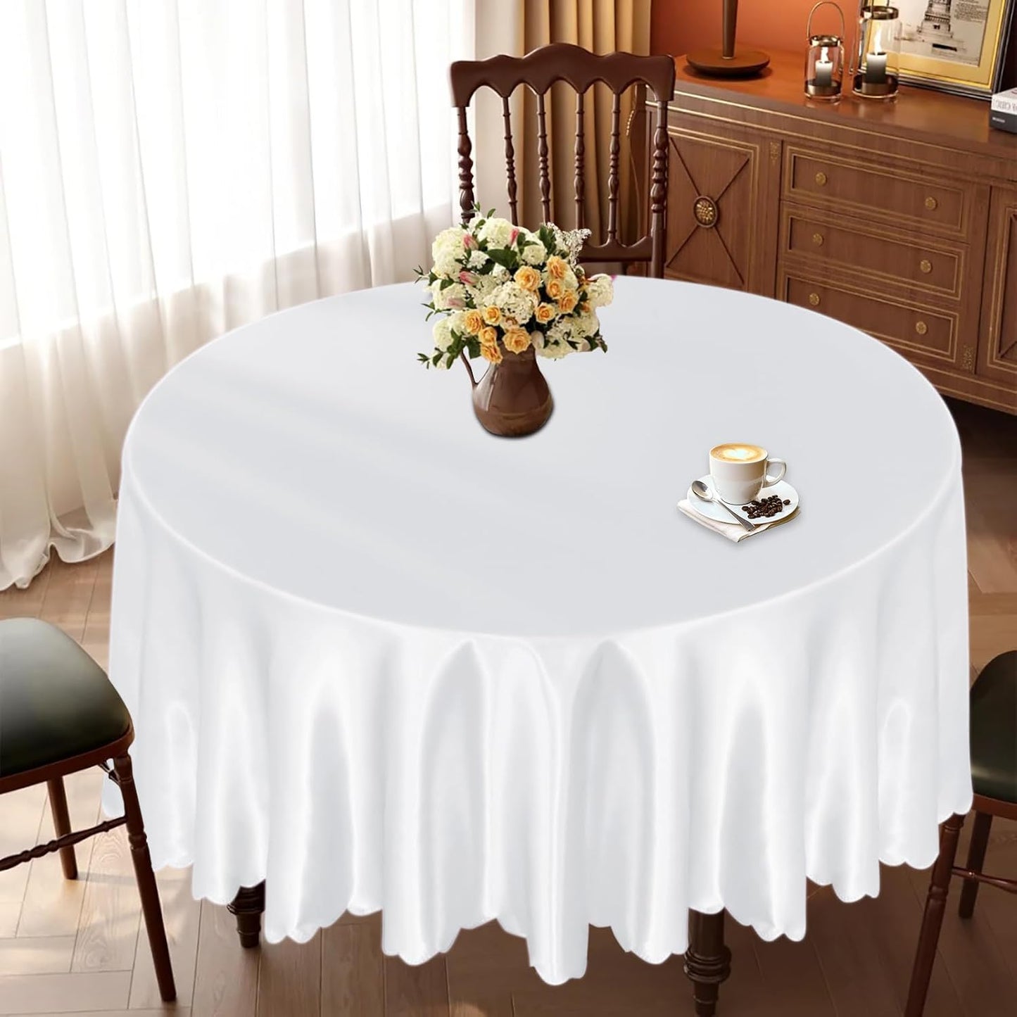 KKJIAF 1 Pack 108 Inch Round Table Cloth, White Overlay Round Satin Table Cover, Silky Satin Dining Tablecloths for Wedding Buffet Parties Banquet Decoration
