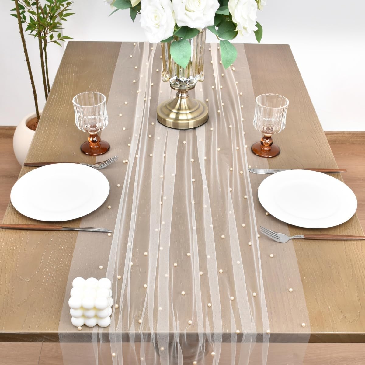 Joanlody Fall Pearl Table Runner 10ft Rustic Boho Tulle Table Runner with Pearls for Baby Shower Wedding Party Veil Dessert Thanksgiving Table Decor Champagne 4pcs