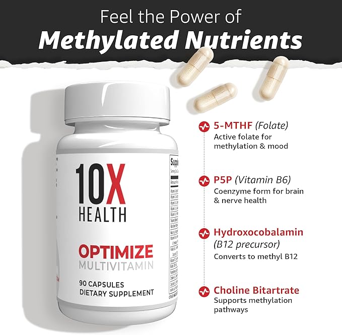 10X Health Optimize Methylated Multivitamin - 90 Capsules, 34 in 1 Formula with 800 mcg of Vitamin B12 - Methylated Multivitamin for Men & Women with 5-MTHF, NAC, Methyl B Complex - MTHFR Supplement
