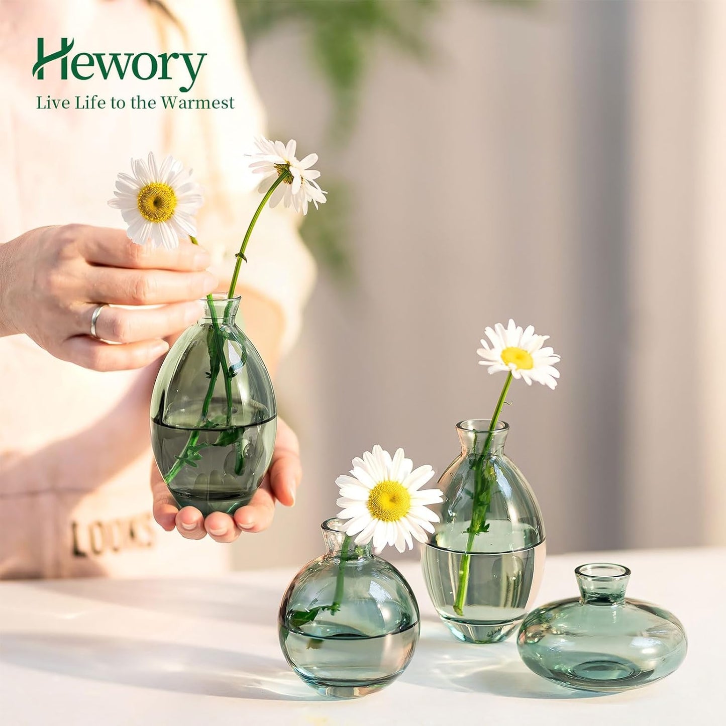 Glass Bud Vases Set of 6, Hewory Cute Green Small Vases Handmade, Mini Glass Flower Vase for Floral Arrangements, Tiny Centerpiece for Home Office Wedding Party Events Table Decor (Not Include Flower)