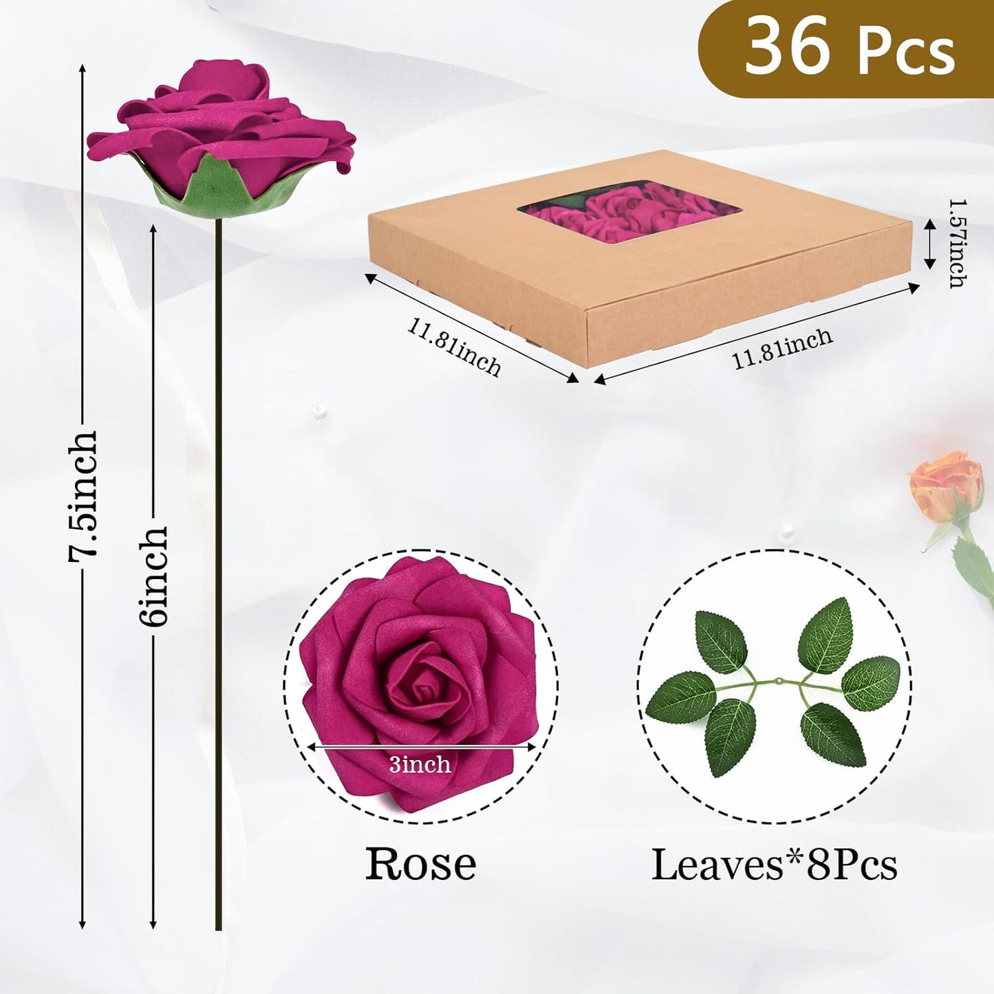 BLEUM CADE 36Pcs Artificial Flowers Fake Roses with Stems, Rose Red Boxed Foam Roses for DIY Bouquets Centerpieces Wedding Party Arrangement Bridal Shower Decor