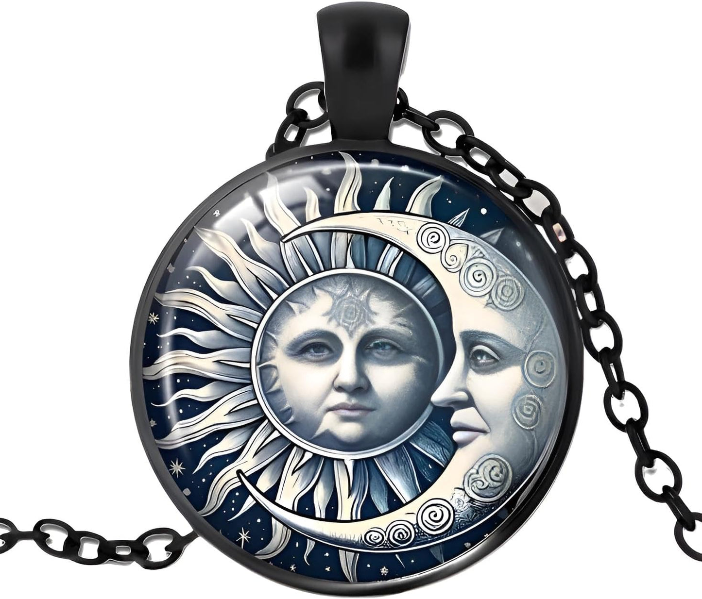 1pc Stunning Round Pendant Necklace - Unique Sun & Moon Pattern, Oil Painting Style Glass Mosaic, Alloy Construction, Trendy Sweater Chain, Fashionable Gift for Women - Christmas or Birthday Gift