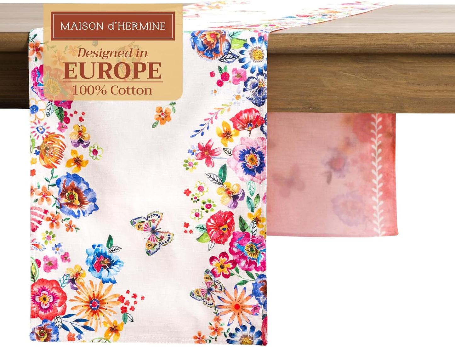 Maison d' Hermine Table Runner 100% Cotton Double Layer Table Runners 108 inches Long Decorative for Home Dining Party Wedding Bridal Shower Spring Summer (Happy Florals - High Summer, 14.50" x 108")