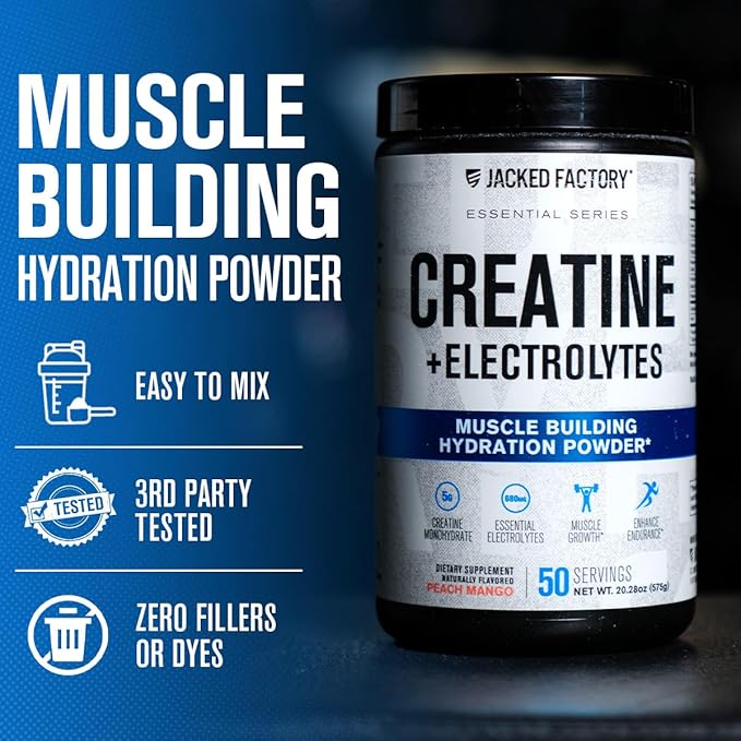 Jacked Factory Creatine + Electrolytes - Creatine Monohydrate with Taurine, Calcium, Sodium, & Potassium to Increase Muscle Growth, Strength, Hydration, & Endurance - 50 Servings, Blue Raspberry