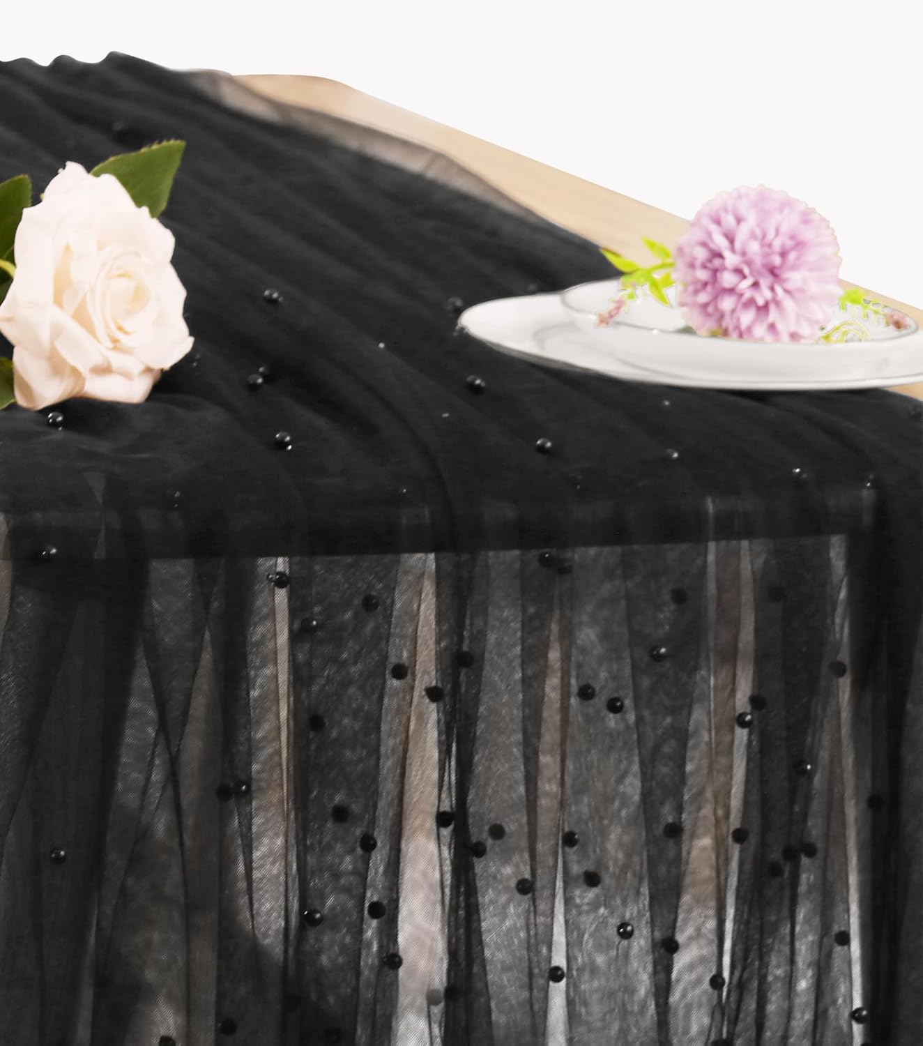 Pearl Table Runner 29 x 120 Inch Tulle Fabric Lace Table Runners Boho Rustic Tablecloth for Bridal Shower Birthday Party Wedding Arch Aisle Veil Dessert Table Decor(1 Pack, Black)