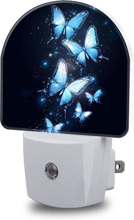 Night Lights Plug into Wall Glowing Blue Butterfly Night Light Dusk to Dawn Smart Sensor Decorative Round Led Lamp for Bedroom Kitchen Hallway Nightlight for Women Men