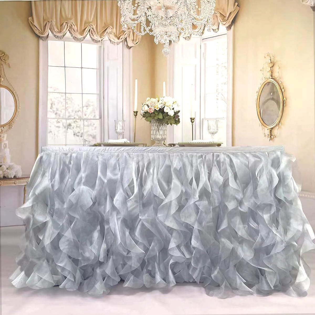 Luxury Organza Mesh Table Skirt Draping Floating Romance - Perfect for Bridal Showers, Birthday Weddings - Clear Flowing Decoration for a Wonderful Main Cake Table (Silvey Grey-6ft, 72" L×30" H)