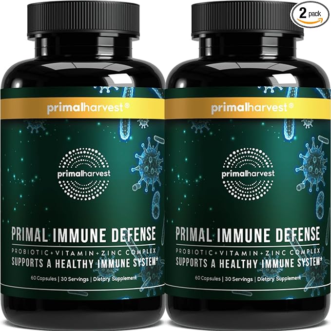 Primal Harvest Primal Immune Defense: 10-in-1 Immune Support with Probiotics, Zinc, Vitamins C, B6, D3 & K2, Immune Booster for Adults 60 Capsules (2-Pack)