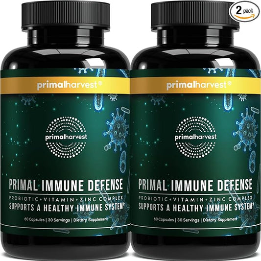 Primal Harvest Primal Immune Defense: 10-in-1 Immune Support with Probiotics, Zinc, Vitamins C, B6, D3 & K2, Immune Booster for Adults 60 Capsules (2-Pack)