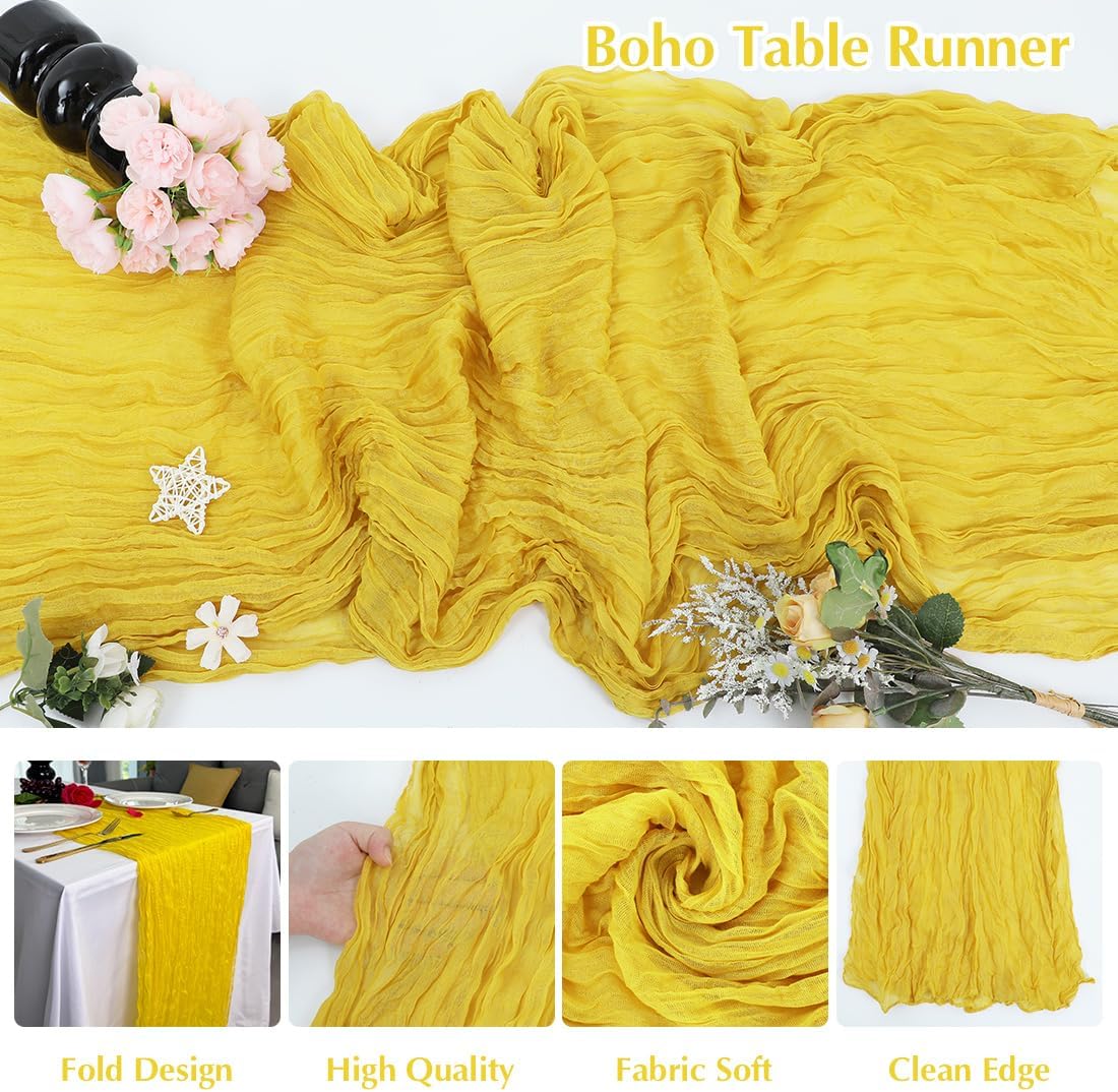 Yellow Cheesecloth Table Runner -21*120Inch Long Boho Wedding Table Decor, Rustic Gauze Fabric Runner for Bridal Showers, Baby Showers & Parties (Sheer, Lightweight, Wrinkled Design)