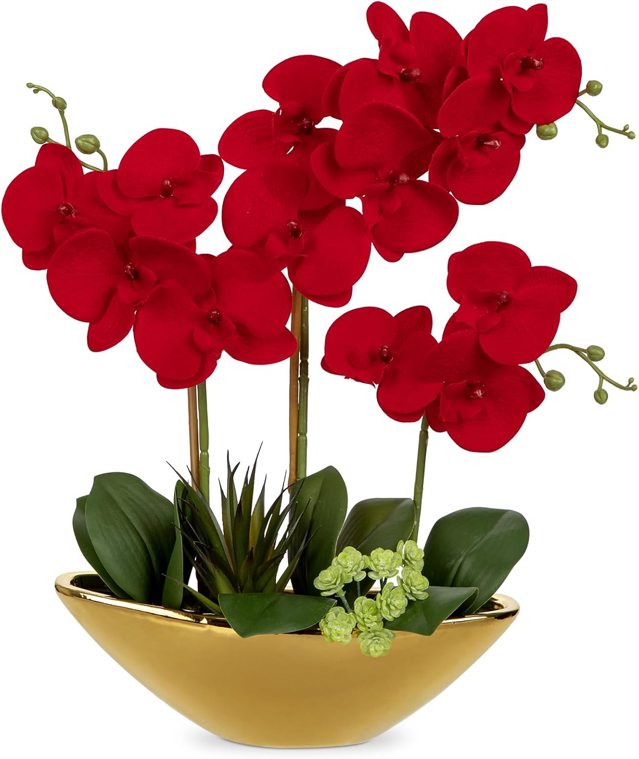 Briful Orchid Artificial Flowers 17in Red Fake Orchid Silk Flowers in Gold Ceramic Vase Faux Phalaenopsis Arrangement for Home Office Room Dining Table Centerpiece Modern Decor