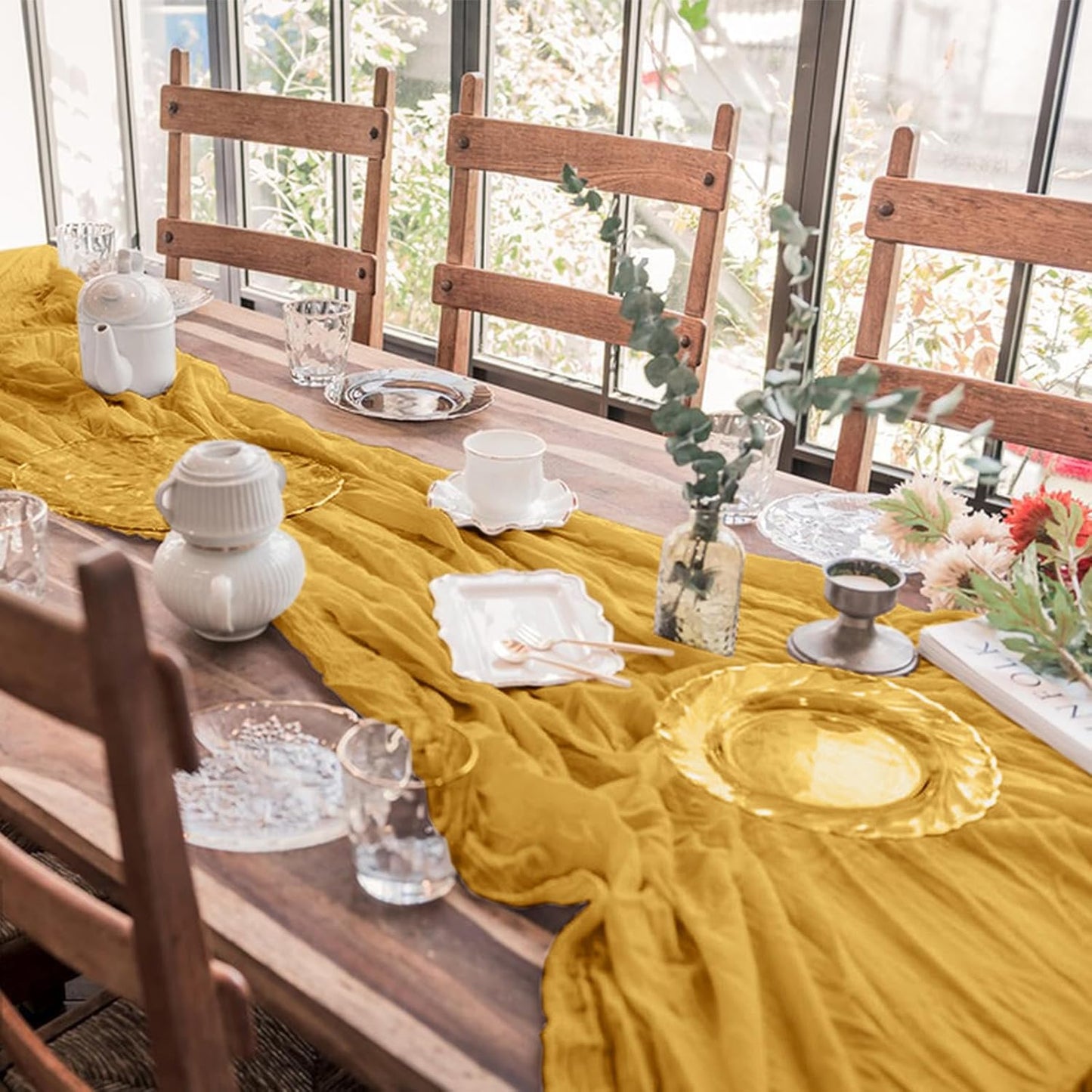 6 Pack Cheesecloth Table Runner 10Ft Christmas Gauze Boho Table Runners for Wedding Decor Bridal Shower Decorations Baby Shower Party(35" x 120")