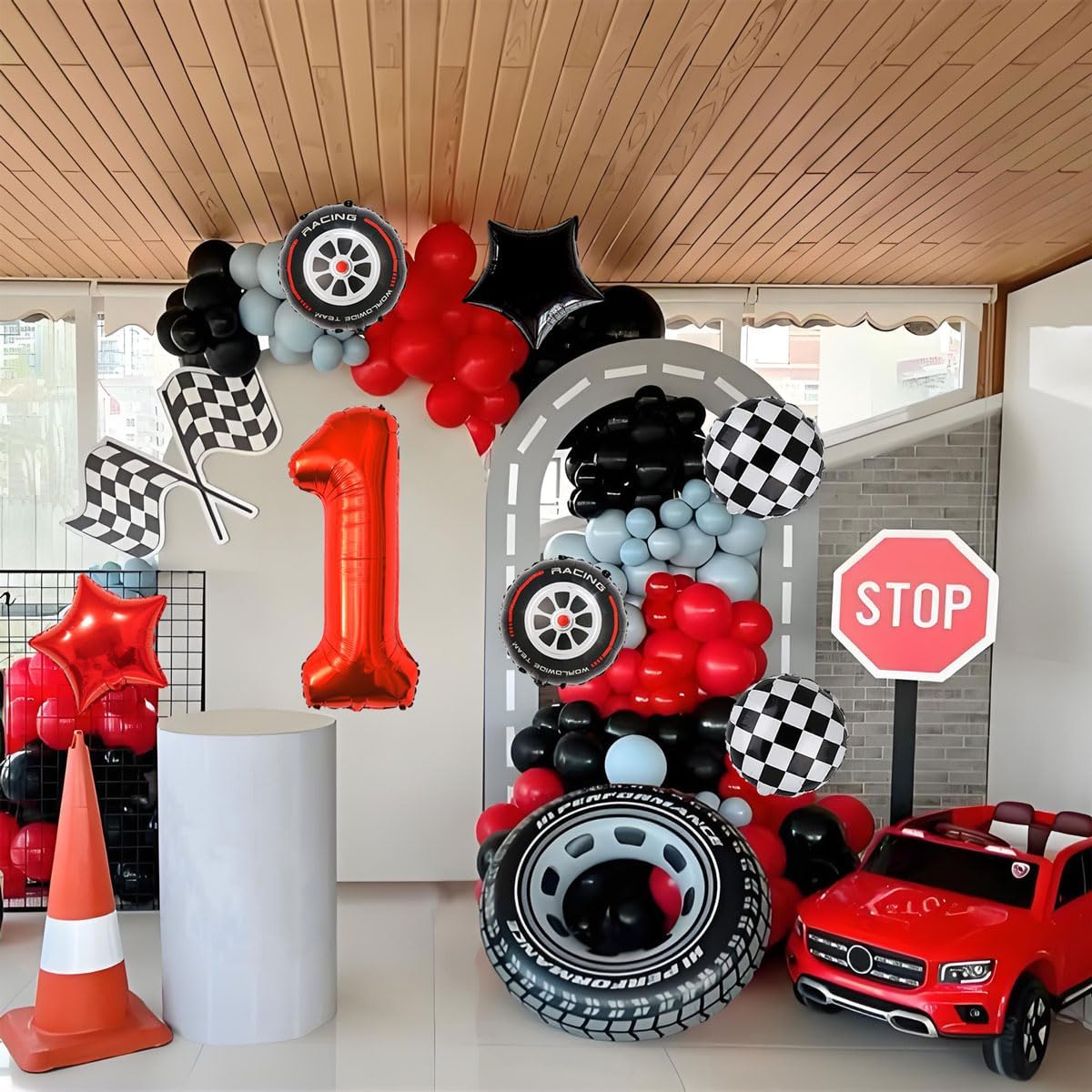 Race Car Birthday Party Decorations - 40 Inch Mylar Red Number 1 Balloons - Black Foil Checkered Race Car Balloons for 1st Birthday Race Cars Themed Party Decorations