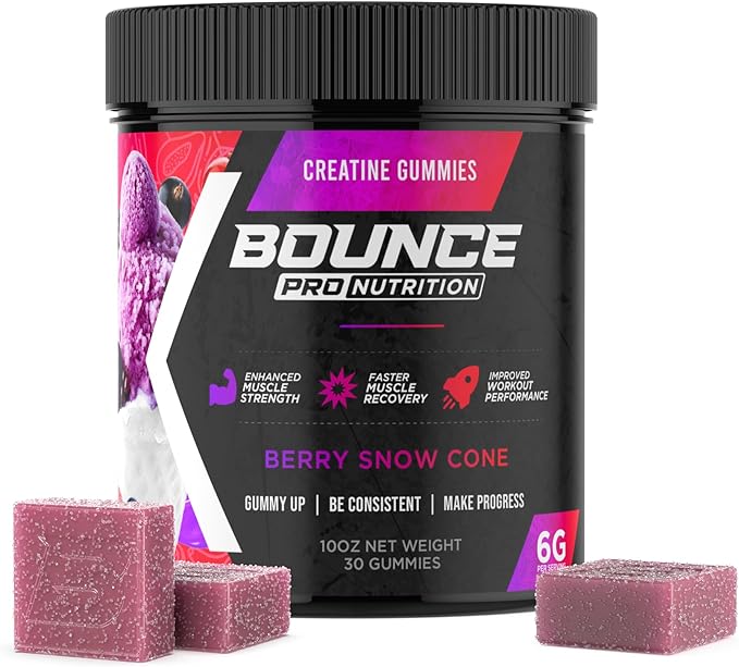 Bounce Pro Creatine Monohydrate Gummies for Men & Women, Low Calorie, 6G of Creatine per Serving, Vegan, Anti-Melting, Gluten-Free, Non-GMO, 2g of Creatine per Gummy (30ct, Berry Snow Cone)