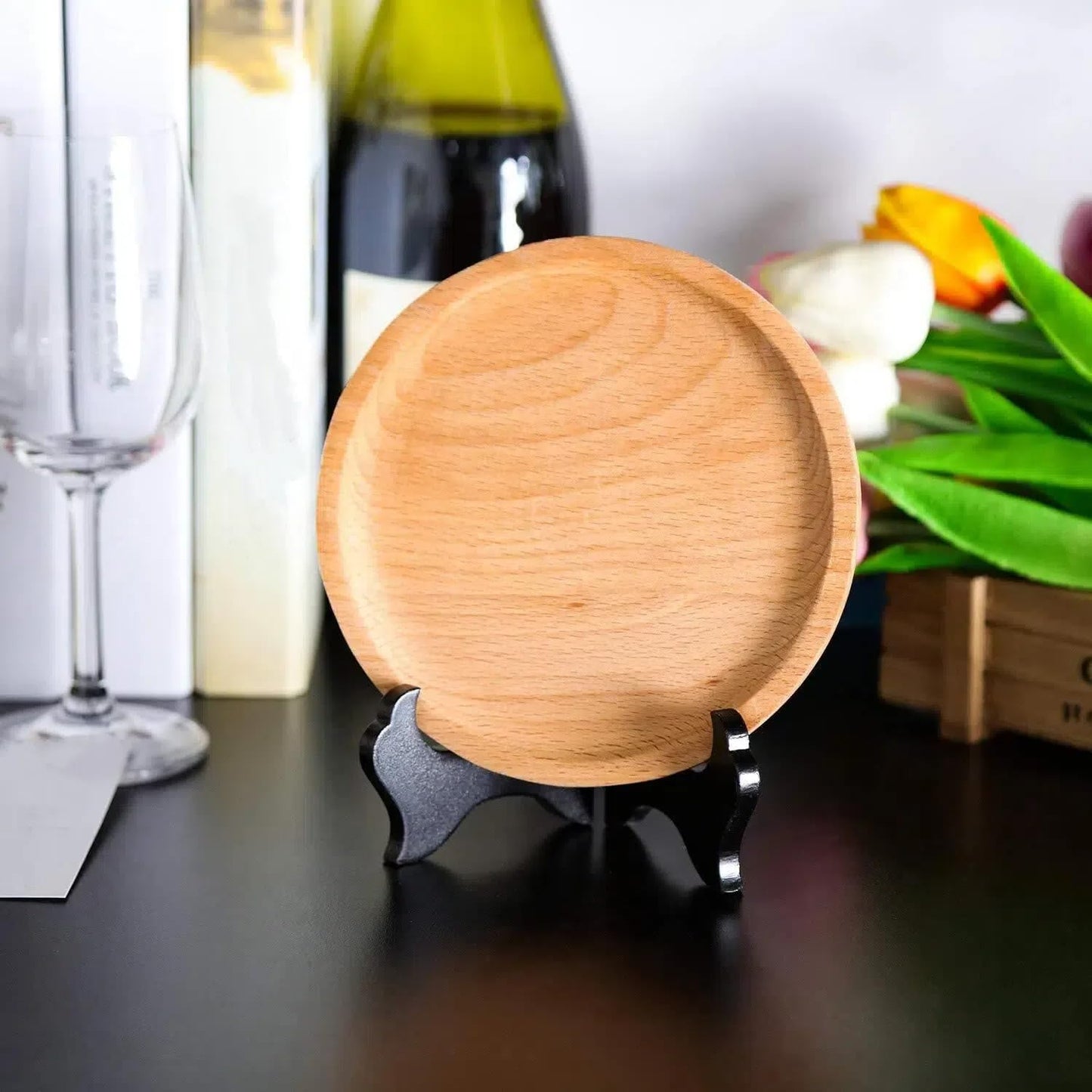 Tatuo 4 Packs Wooden Display Stand Decorative Plate Stands for Display Picture Frame Holder Easels(Black,4 Inch)