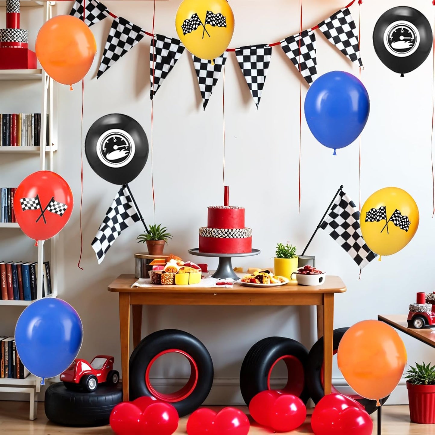 Race Car Balloons, 12 Inch Blue Black Yellow Orange Red Checkered Flag Car Balloons for Boy Race Cars Themed Birthday Graduation Baby Shower Backdrop